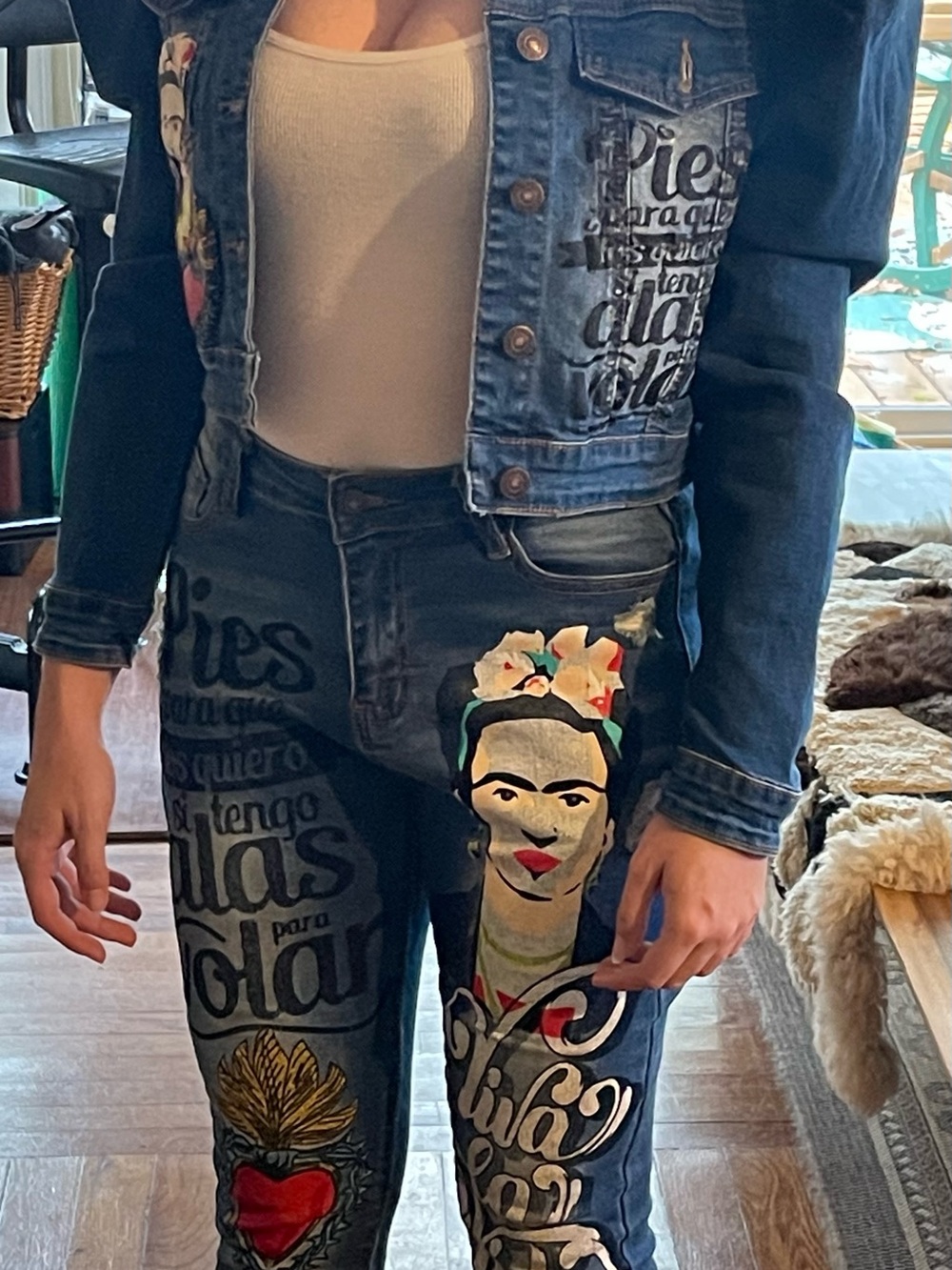 Hand-Painted Frida Kahlo wearable art Denimland Jacket & Jeans Set Small